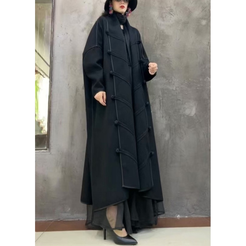 Black Button Solid Loose Woolen Long Coat V Neck Winter