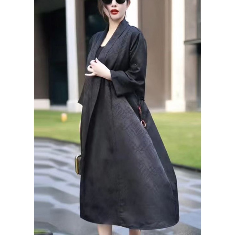 Black Tie Waist Thin Silk Long Coats V Neck Spring