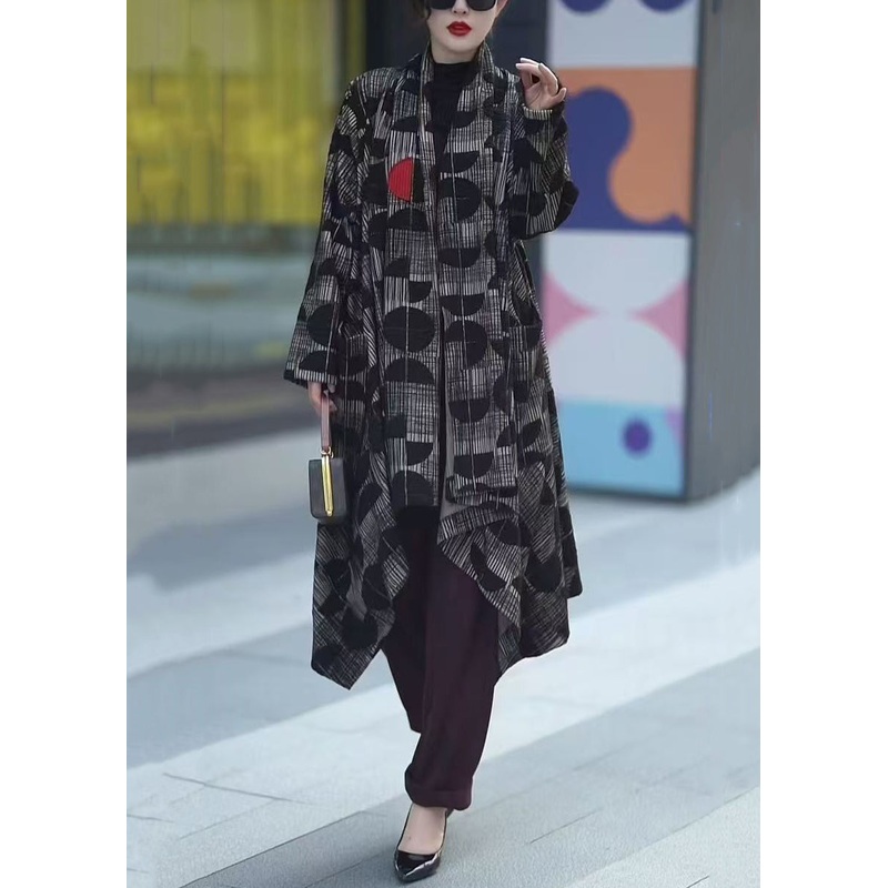 Loose Black Print Pockets Low High Design Cotton Cardigan Spring