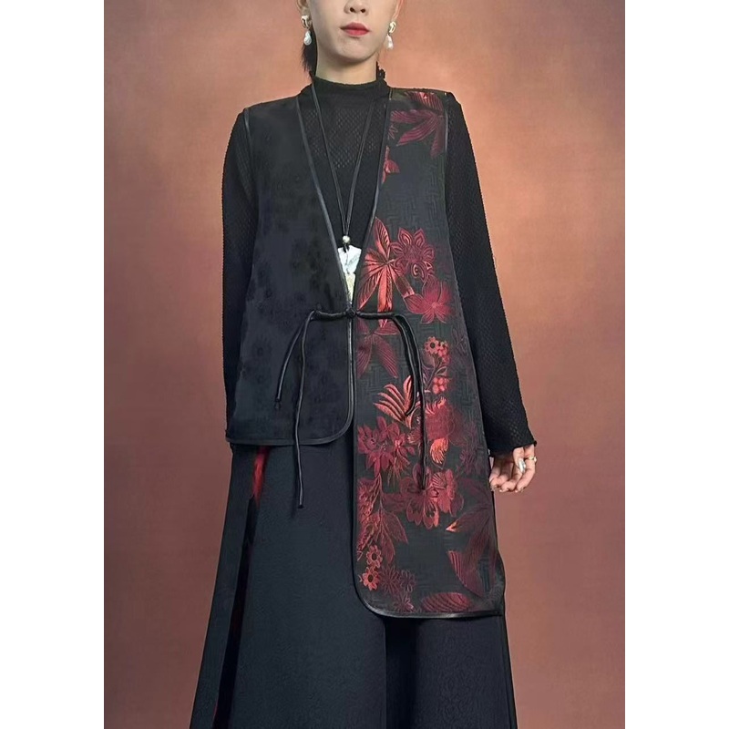 Vintage Black V Neck Asymmetrical Embroidered Floral Waistcoat Winter