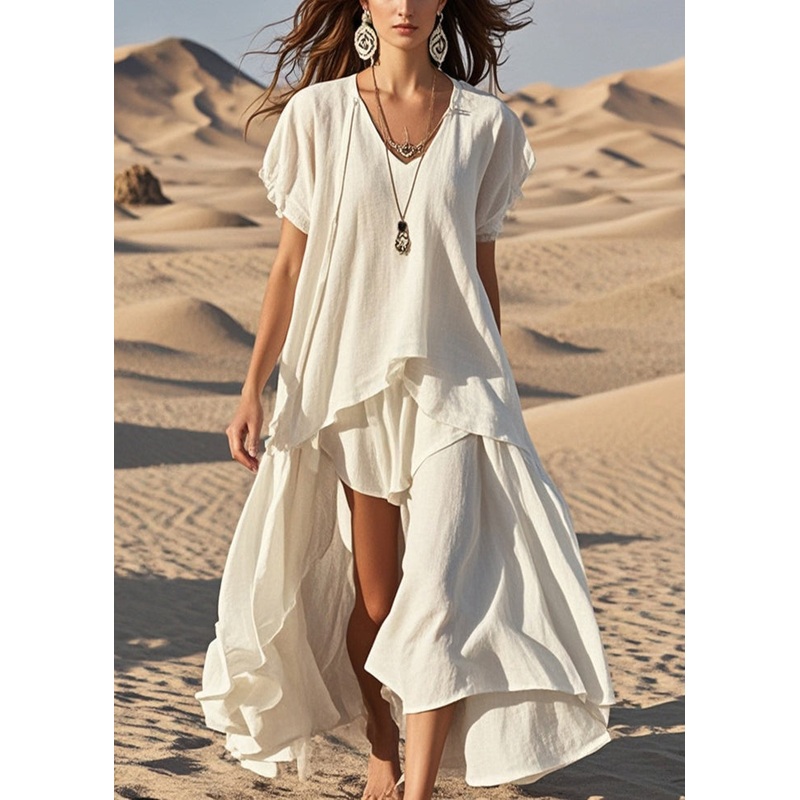 White Cotton Long Dress Asymmetrical Exra Large Hem Summer