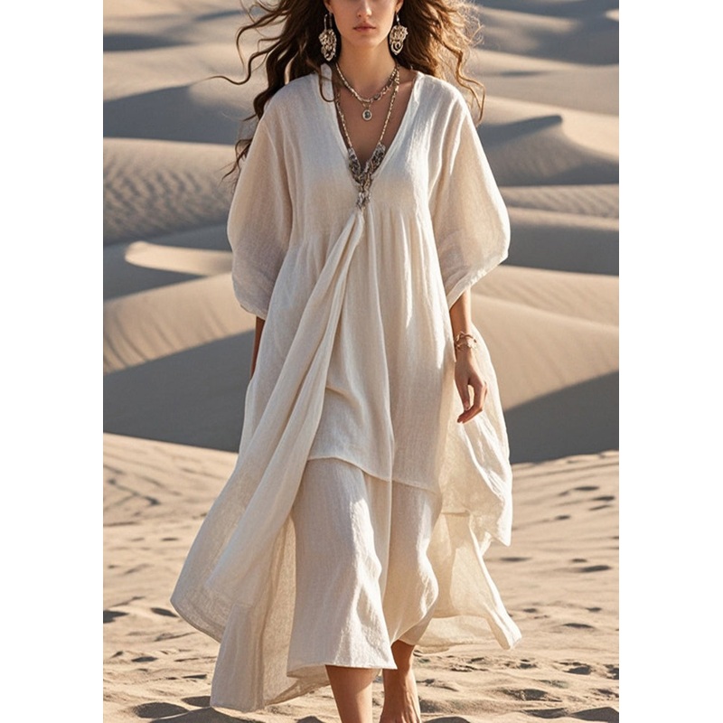 White Cotton Maxi Dresses Asymmetrical Bracelet Sleeve