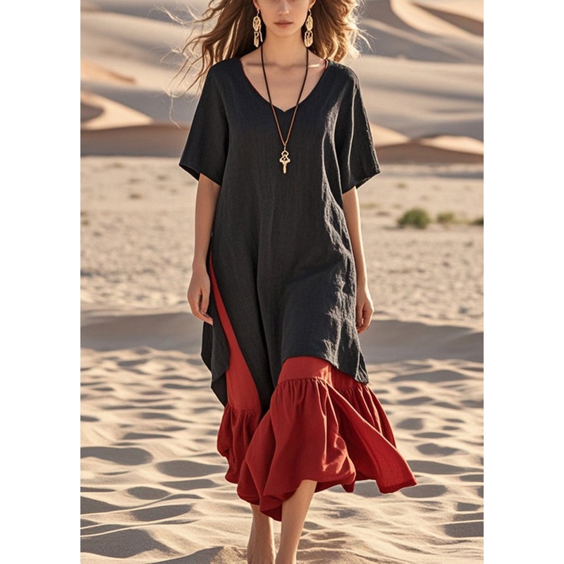 Art Black Oversized Patchwork Cotton Holiday Dresses Summer