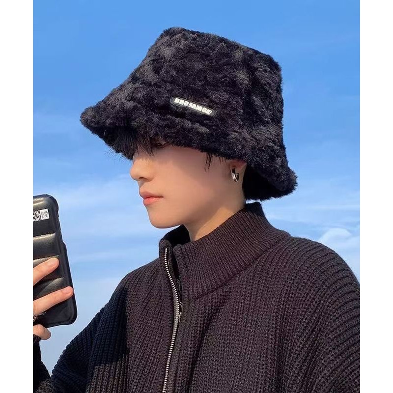 Boutique Black Men Warm Faux Fur Bucket Hat