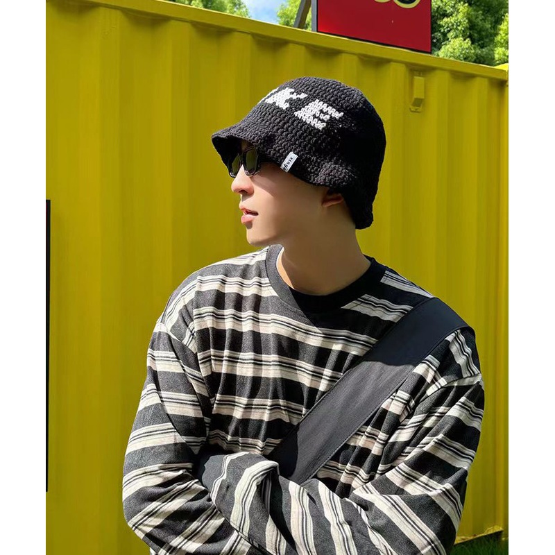 Chic Black Graphic Men Knit Bucket Hat Spring Winter