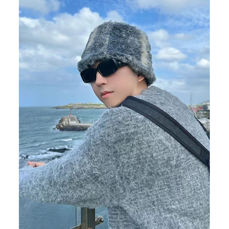 Fashion Grey Thick Warm Men Faux Fur Bucket Hat