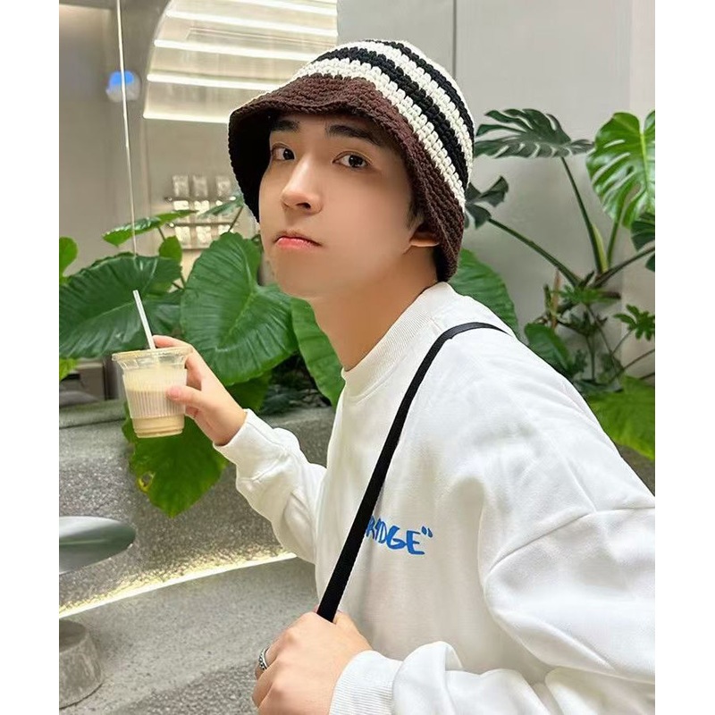 Japanese Style Black Striped Men Knit Bucket Hat