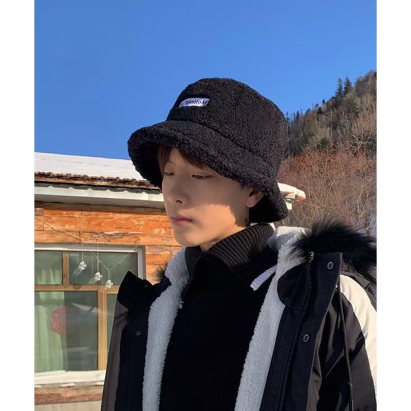Male Japanese Style Black Warm Faux Fur Bucket Hat Winter