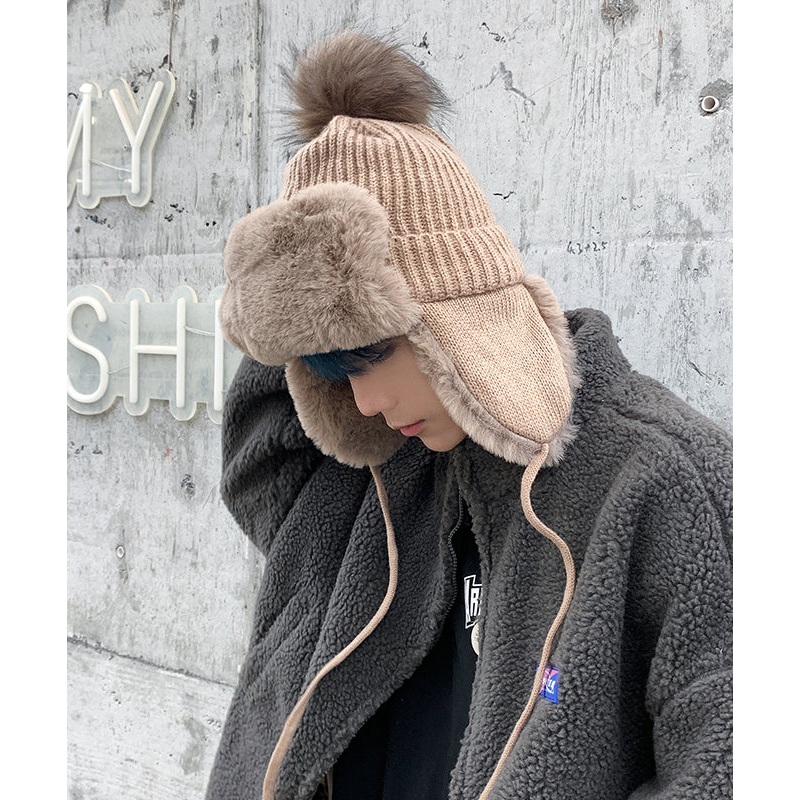 Men Khaki Versatile Fuzzy Wool Lined Knit Ear Protection Hat
