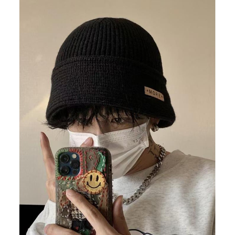 New Winter Black Warm Men Knit Bucket Hat