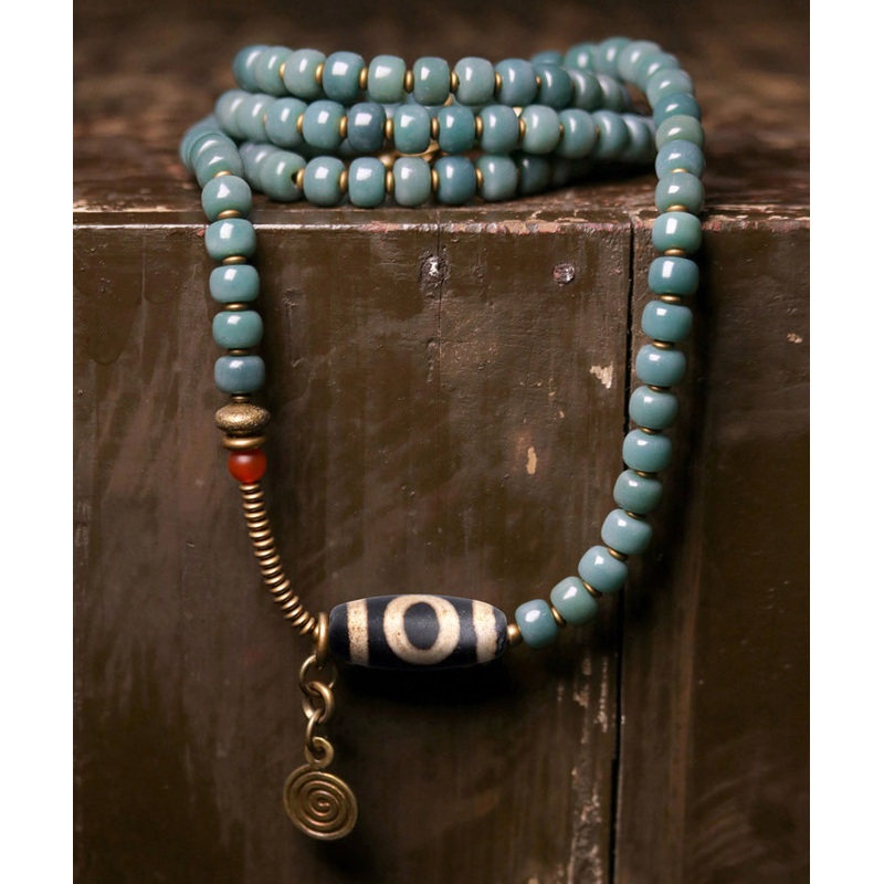 Vintage Green Copper Bodhi Beading Tassel Charm Bracelet Necklace