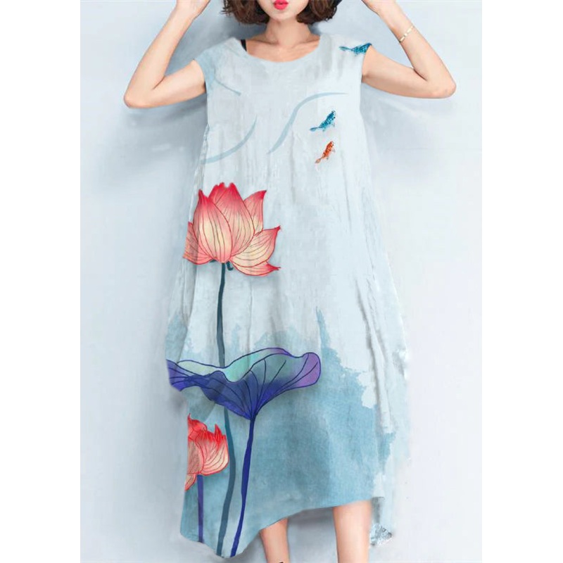 2025 Blue Flowers natural cotton polyester dress oversize sleeveless traveling dress Elegant kaftans