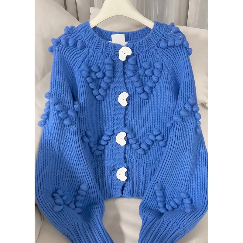 Beautiful Blue O-Neck Button Cotton Knit Cardigan Spring