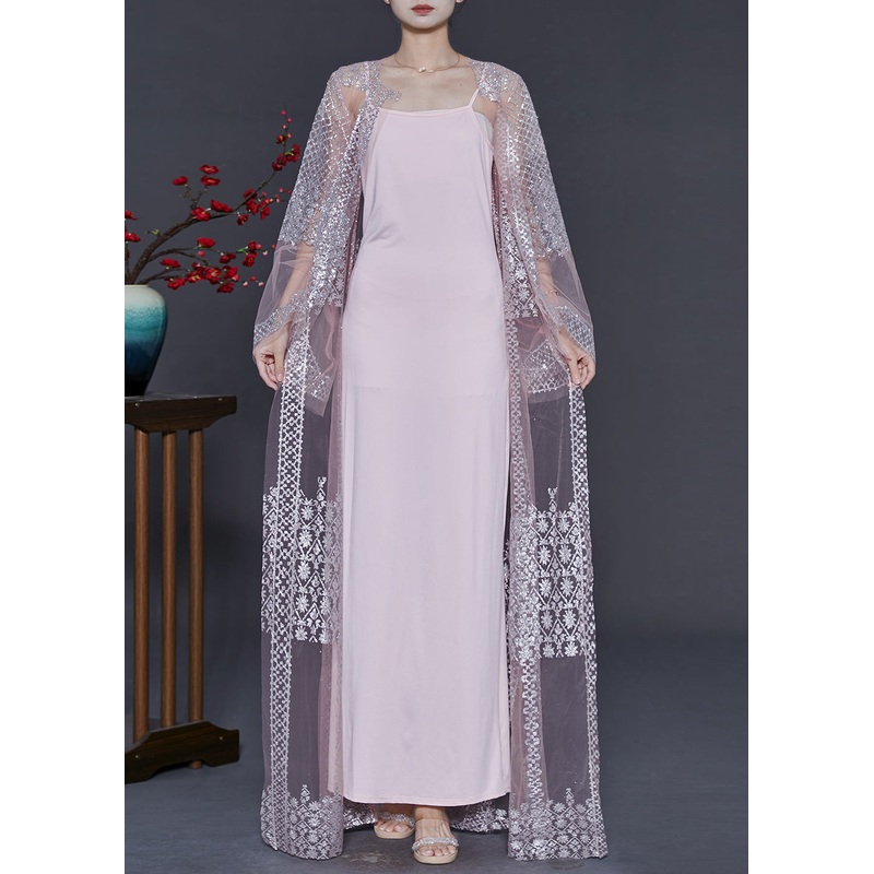 Beautiful Pink Tulle Two Pieces Set Sequins Summer
