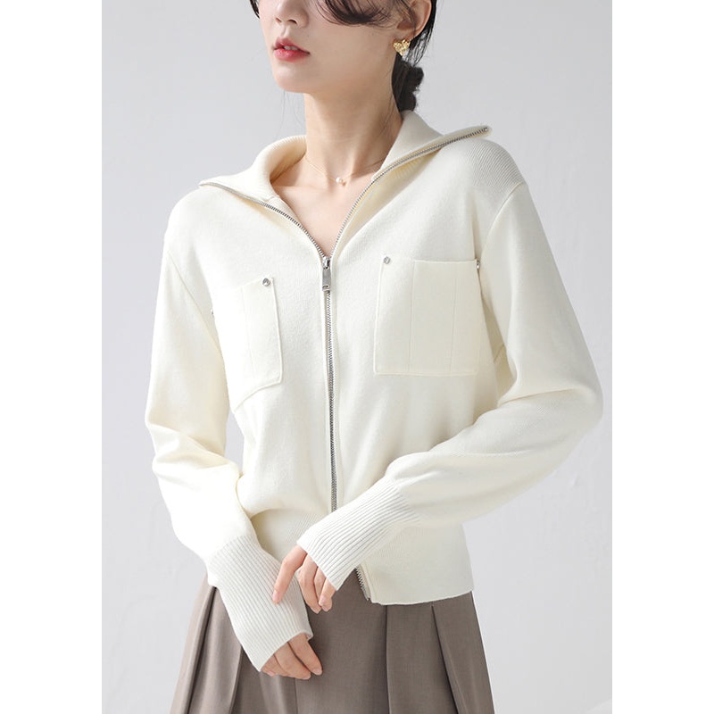 Beige Cozy Patchwork Knit Short Coat Zip Up Pockets Winter