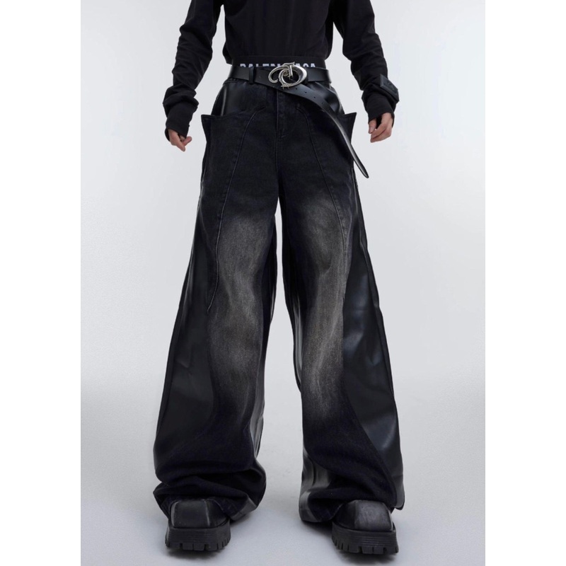 Black Faux Leather Patchwork Fared Trousers High Waist Spring
