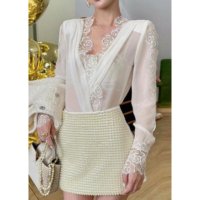 Bohemian White V Neck Lace Patchwork Chiffon Shirt Spring
