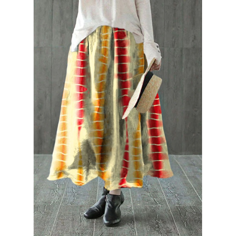 Boho Yellow elastic waist dot print Linen Skirts Spring