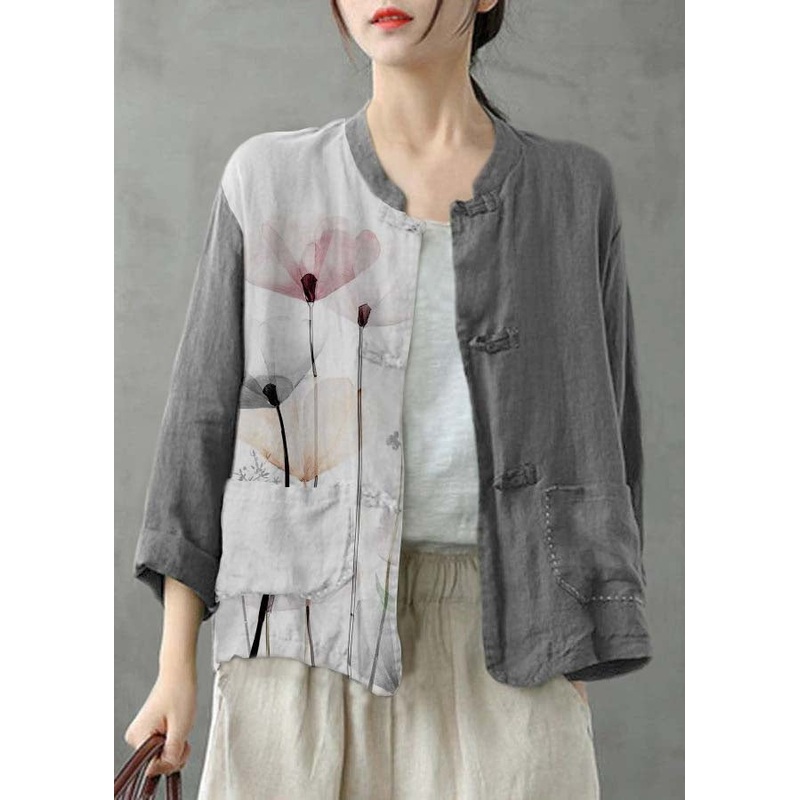 Boutique Grey Flowers Stand Collar Embroideried Patchwork Linen Coat