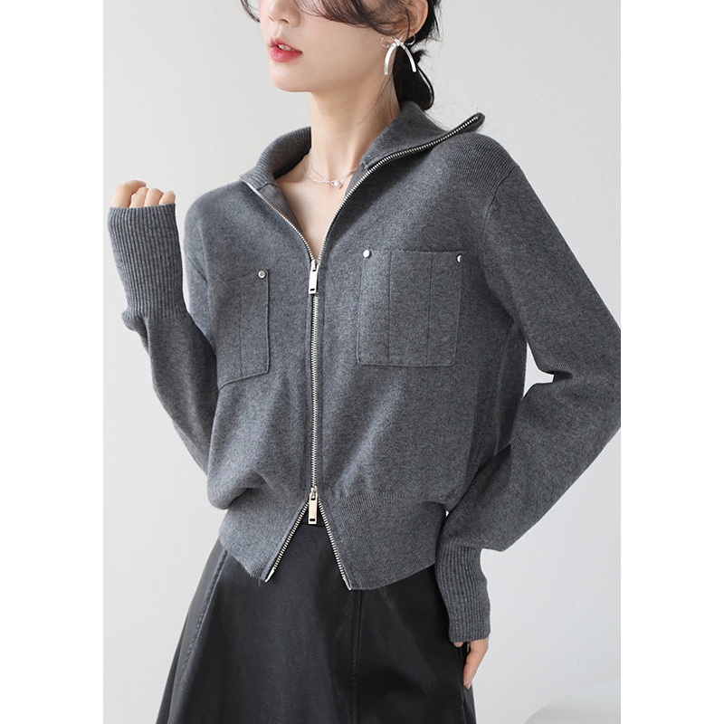 Boutique Grey Peter Pan Collar Pockets Knit Short Coat Winter