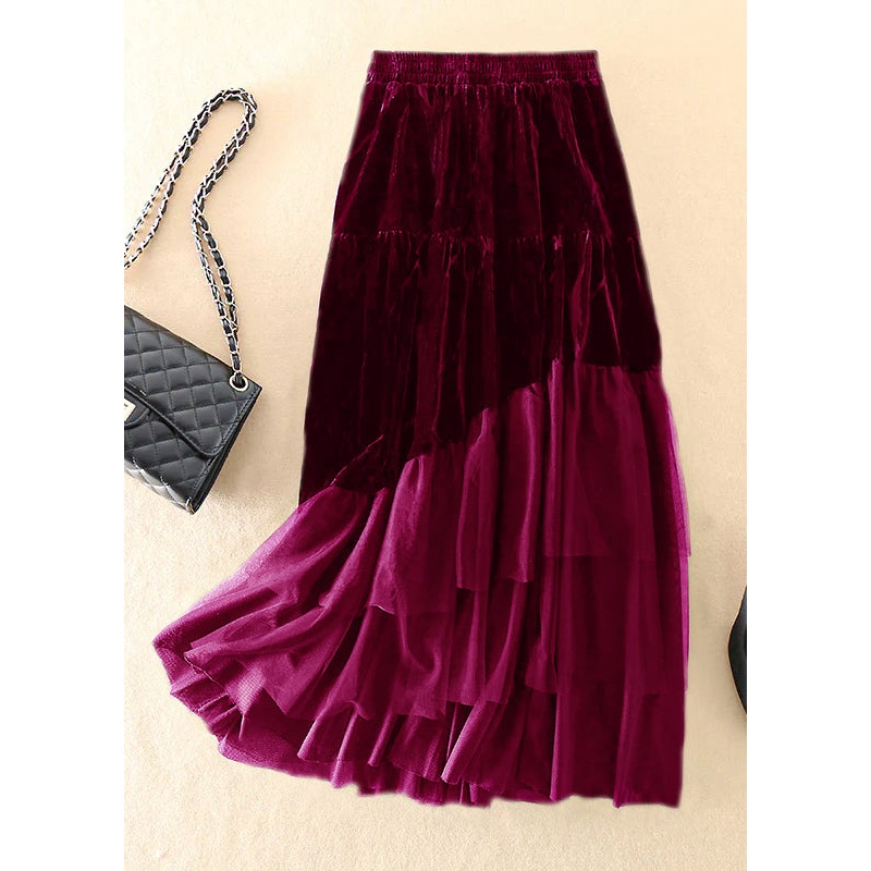 DIY Red Tulle Patchwork Silk Velour Skirt Spring