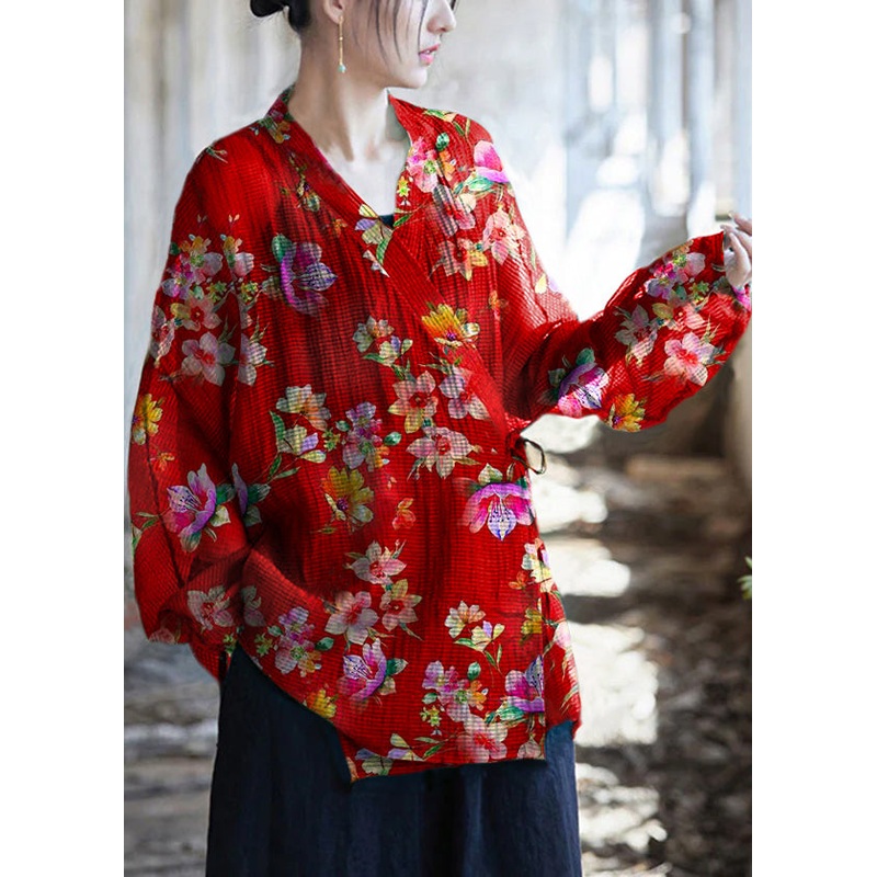 Original Design Red flowers V Neck Lace Up Cotton Top Summer