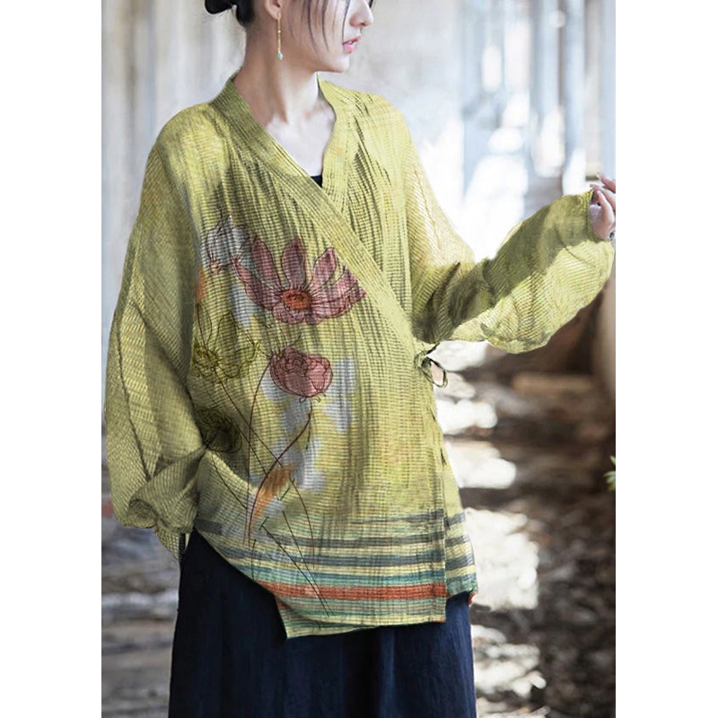 Original Design Yellow flowers V Neck Lace Up Cotton Top Summer