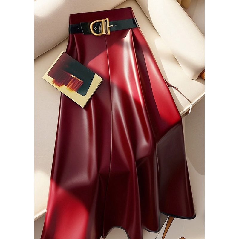 Stylish Red Sashes Solid High Waist Faux Leather Skirts Winter