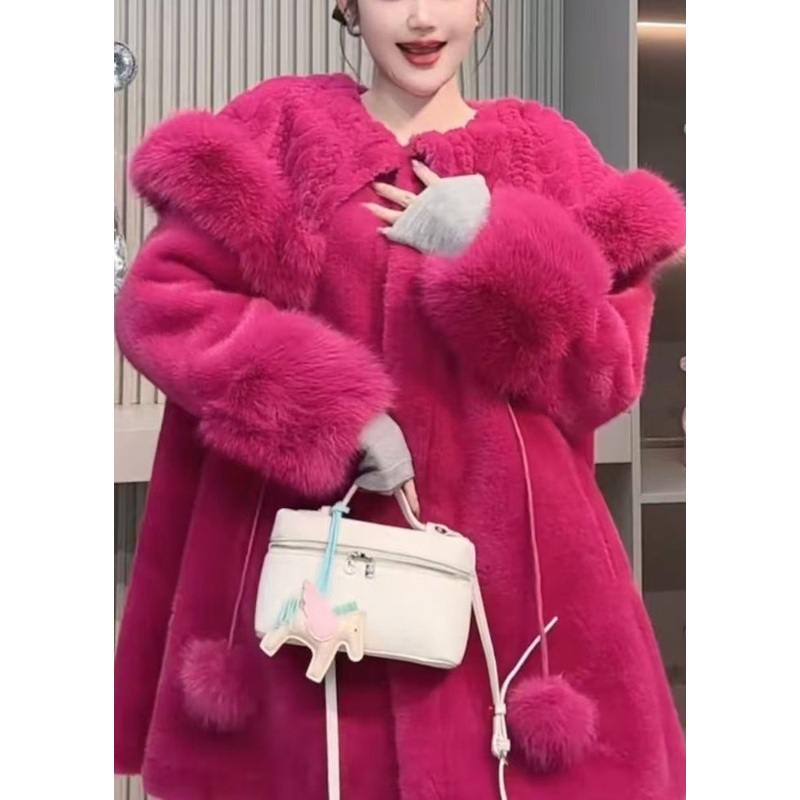 Stylish Rose Peter Pan Collar Patchwork Faux Fur Coat Winter