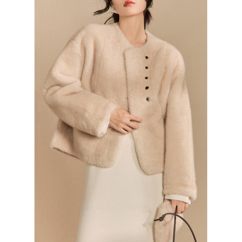 Women Apricot O-Neck Button Solid Fluffy Coats Winter