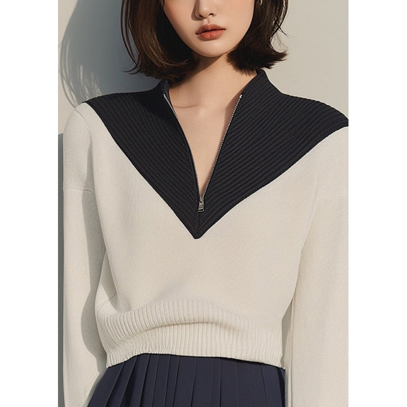 Women Apricot Zip Up Patchwork Knit Sweaters Winter
