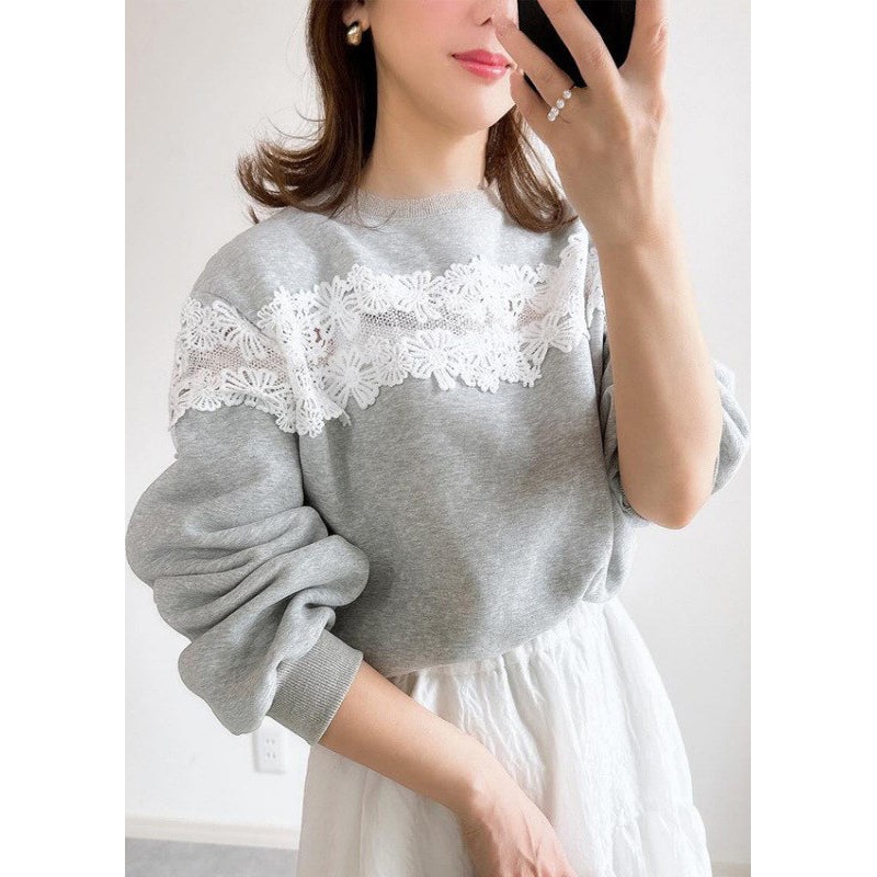 Women Grey O Neck Lace Patchwork Cotton Sweatshirts Spring