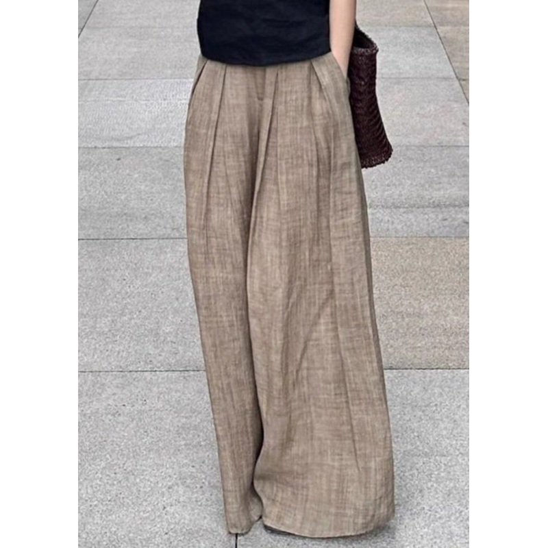 Women Khaki Pockets High Waist Wide Leg Pants Spring