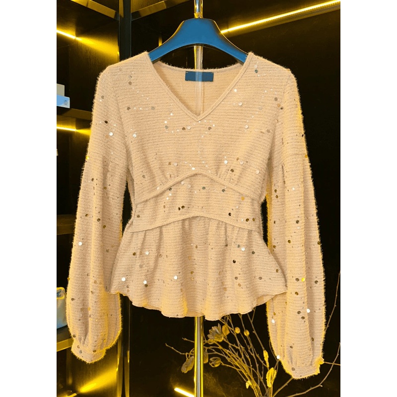 Women Khaki V Neck Sequins Cotton T Shirts Spring