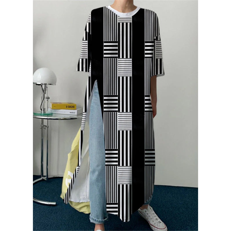 Women White Geometry O-Neck Cotton Long T Shirt Half Sleeve