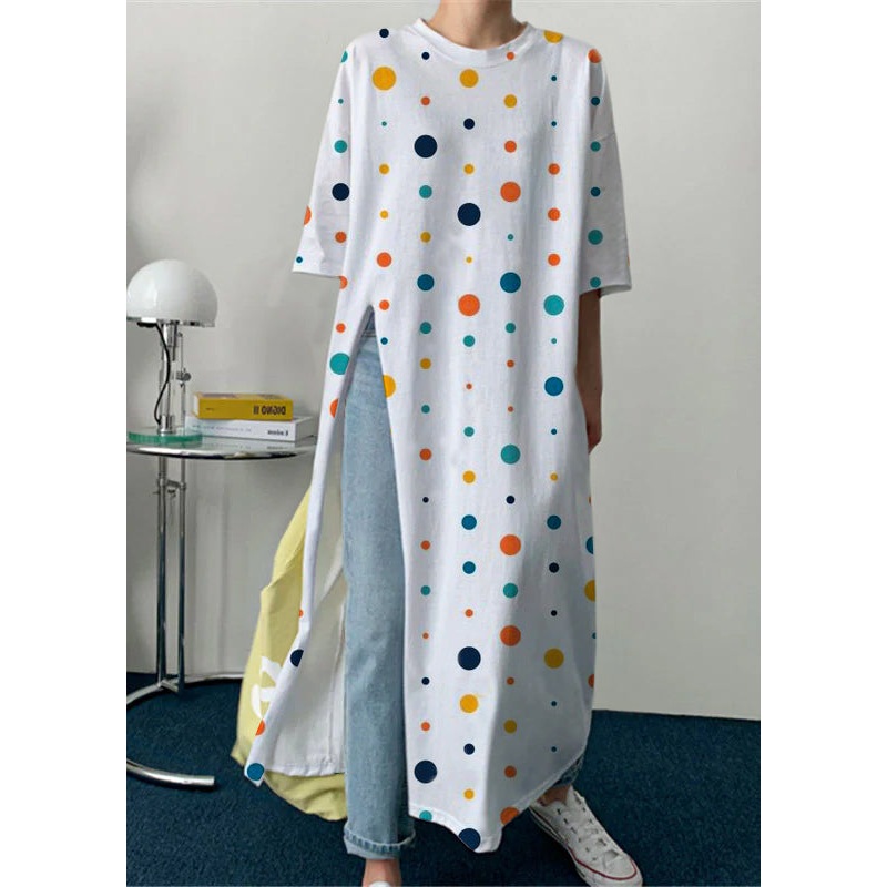 Women White polka dots O-Neck Cotton Long T Shirt Half Sleeve
