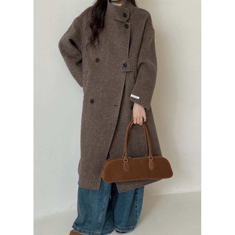 2025 New Coffee Stand Collar Double Breast Woolen Coat Winter