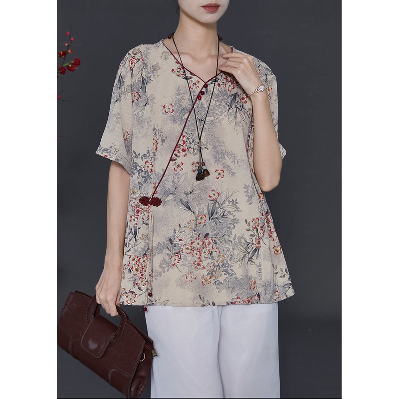 Art Khaki Print Chinese Button Chiffon Blouses Summer
