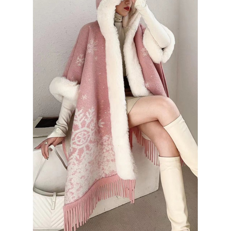 Art Pink Hooded Fur Collar Warm Fleece Cape Coats Batwing Sleeve