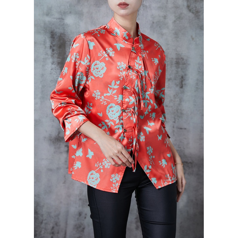 Art Red Print Silk Blouses Asymmetrical Tasseled Spring