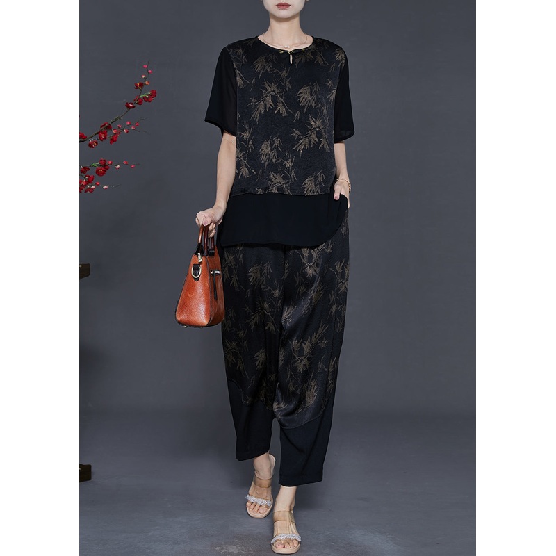 Black Patchwork Silk Two Piece Set Women Clothing Print Summer