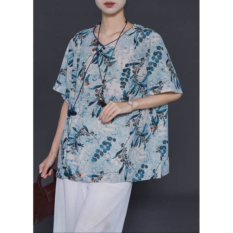 Blue Print Chiffon Tops Chinese Button Summer