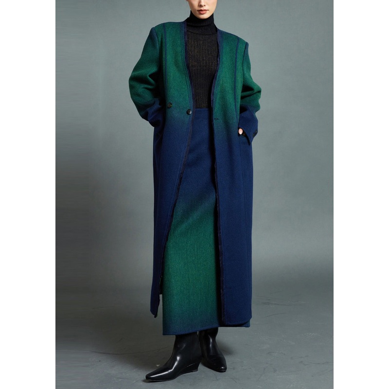 Boutique Blue Green Gradient V Neck Button Woolen Coats Winter