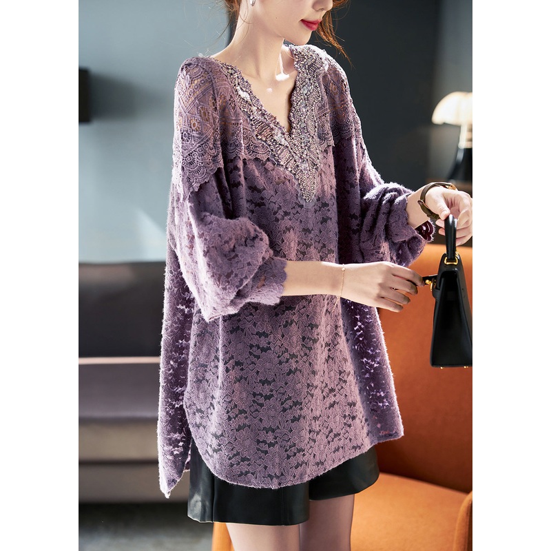Boutique Purple V Neck Nail Bead Hollow Out Lace Top Spring