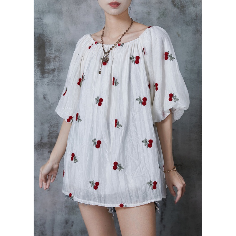 Boutique White Embroideried Cherry Chiffon Tanks Summer