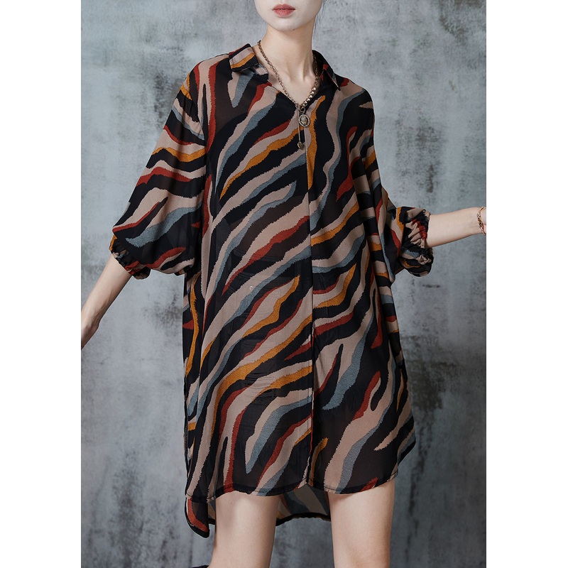 Brown Print Chiffon Long Shirt Tops Oversized Spring