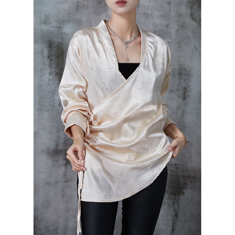 Chic Champagne Jacquard Asymmetrical Design Silk Shirt Tops Spring