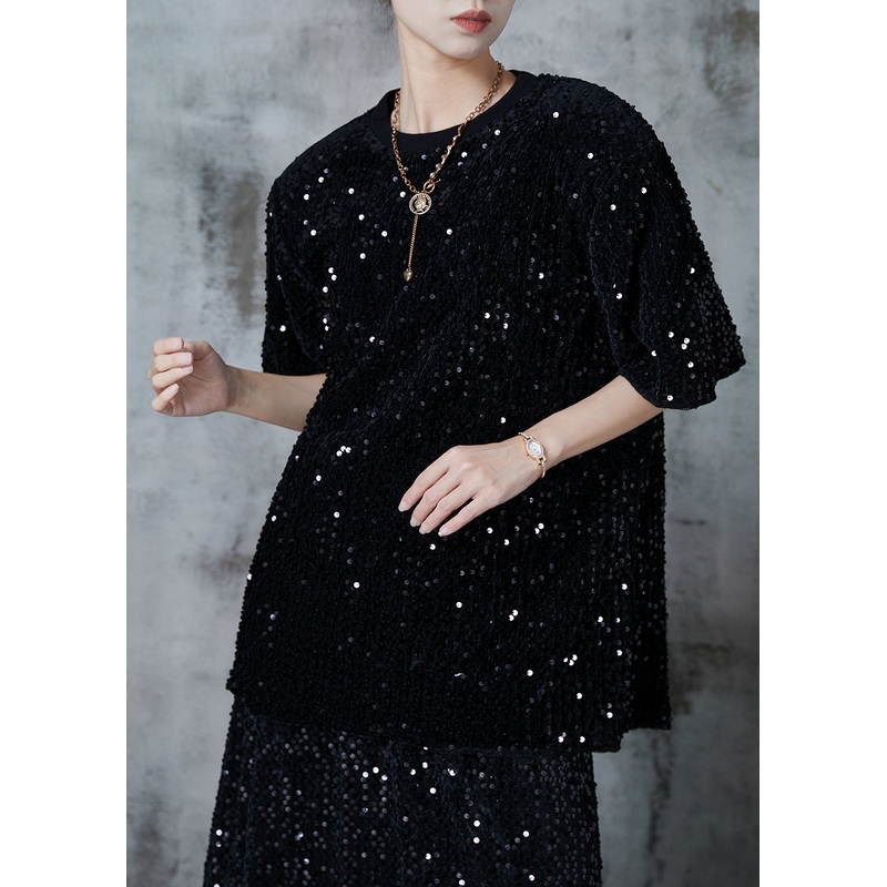 Fashion Black Sequins Oversized Cotton Tanks Summer
