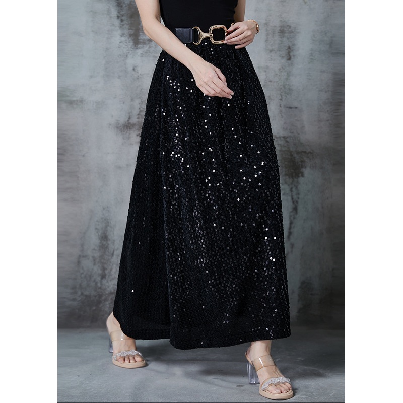 Stylish Black Sequins Cotton A Line Skirts Spring