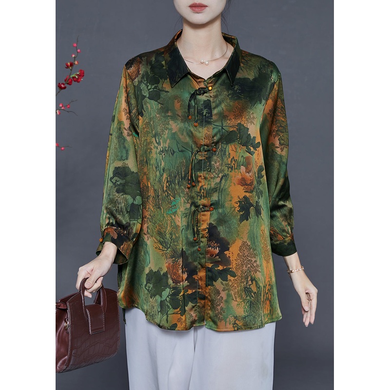 Stylish Green Tasseled Print Silk Shirts Spring